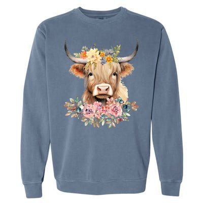 Cute Baby Highland Cow With Flowers Calf Animal Christmas Garment-Dyed Sweatshirt