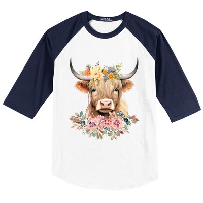 Cute Baby Highland Cow With Flowers Calf Animal Christmas Baseball Sleeve Shirt