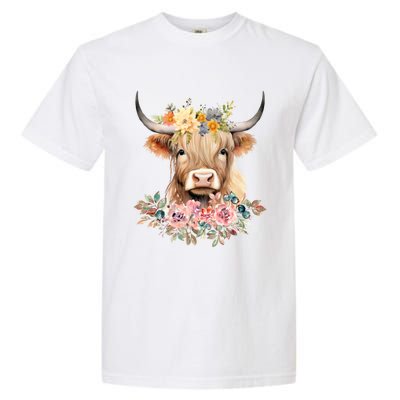 Cute Baby Highland Cow With Flowers Calf Animal Christmas Garment-Dyed Heavyweight T-Shirt