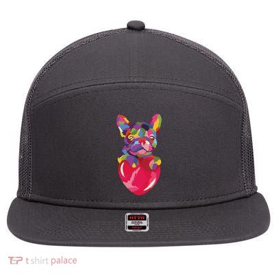 Colorful Bulldog Heart 7 Panel Mesh Trucker Snapback Hat