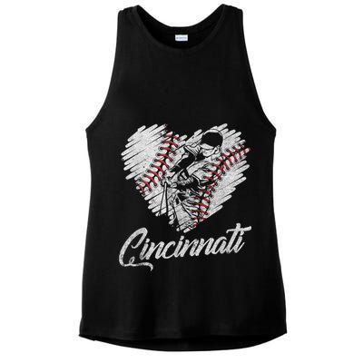 Cincinnati Baseball Heart Distressed Vintage Baseball Fans Ladies PosiCharge Tri-Blend Wicking Tank
