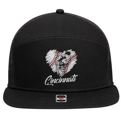 Cincinnati Baseball Heart Distressed Vintage Baseball Fans 7 Panel Mesh Trucker Snapback Hat