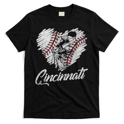 Cincinnati Baseball Heart Distressed Vintage Baseball Fans T-Shirt