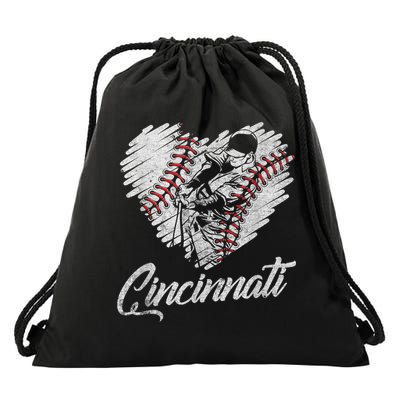 Cincinnati Baseball Heart Distressed Vintage Baseball Fans Drawstring Bag