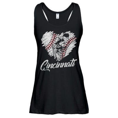 Cincinnati Baseball Heart Distressed Vintage Baseball Fans Ladies Essential Flowy Tank