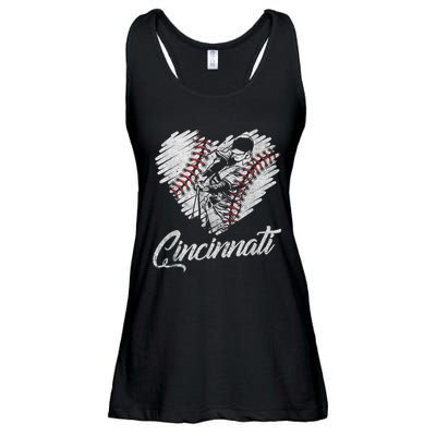 Cincinnati Baseball Heart Distressed Vintage Baseball Fans Ladies Essential Flowy Tank