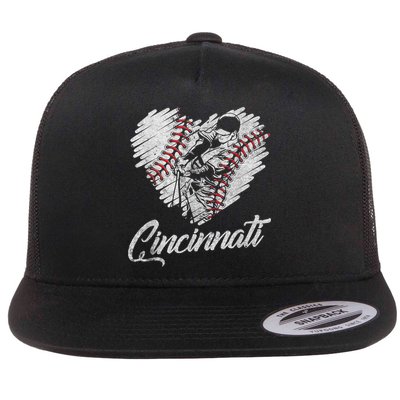 Cincinnati Baseball Heart Distressed Vintage Baseball Fans Flat Bill Trucker Hat