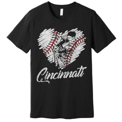 Cincinnati Baseball Heart Distressed Vintage Baseball Fans Premium T-Shirt