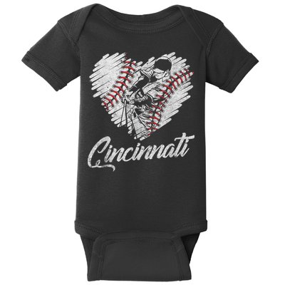 Cincinnati Baseball Heart Distressed Vintage Baseball Fans Baby Bodysuit