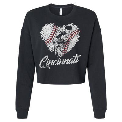 Cincinnati Baseball Heart Distressed Vintage Baseball Fans Cropped Pullover Crew
