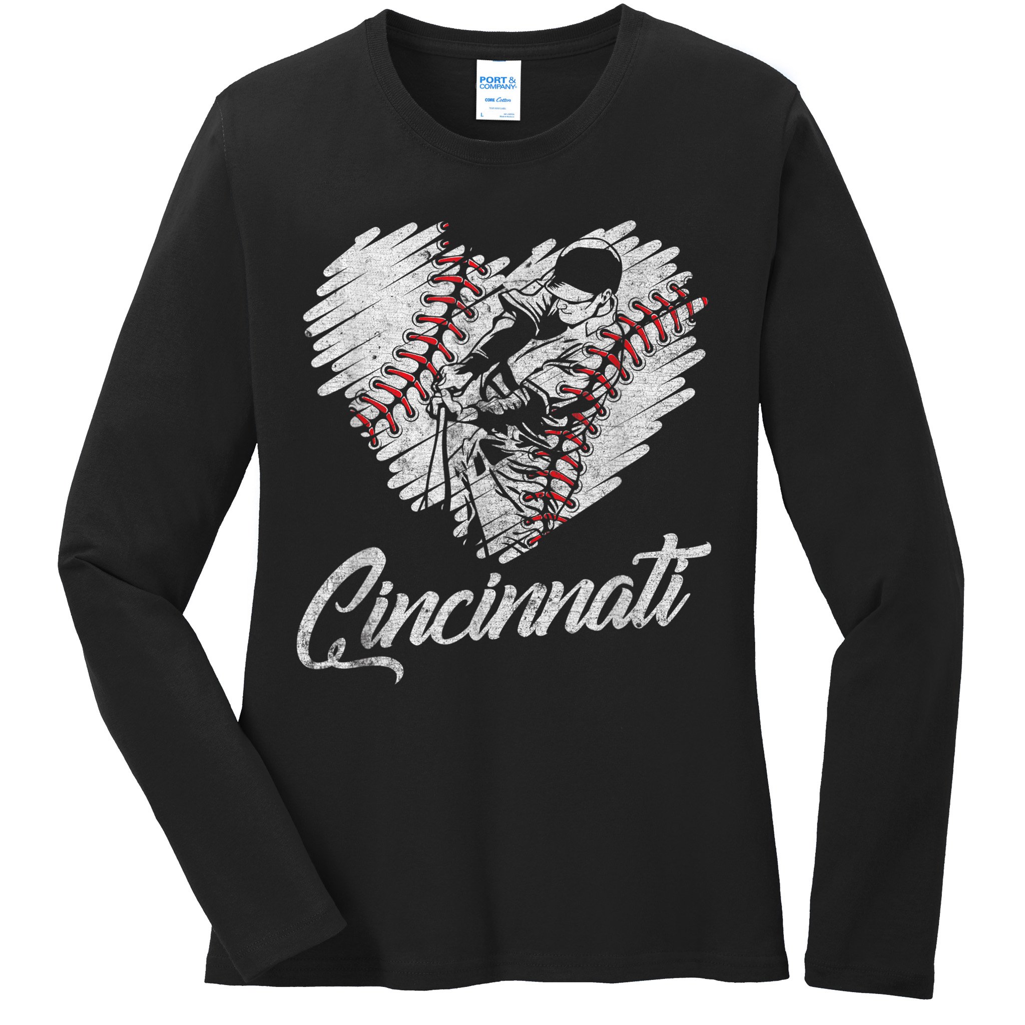 Cincinnati Baseball Heart Distressed Vintage Baseball Fans Ladies Long Sleeve Shirt