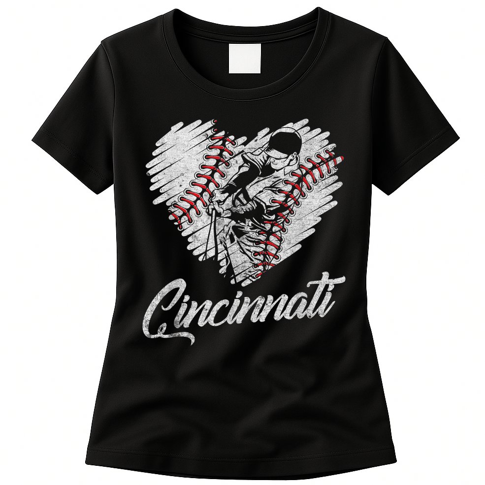 Cincinnati Baseball Heart Distressed Vintage Baseball Fans Womens T-Shirt