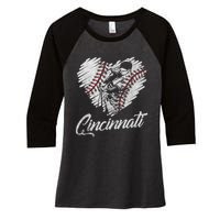 Cincinnati Baseball Heart Distressed Vintage Baseball Fans Women's Tri-Blend 3/4-Sleeve Raglan Shirt