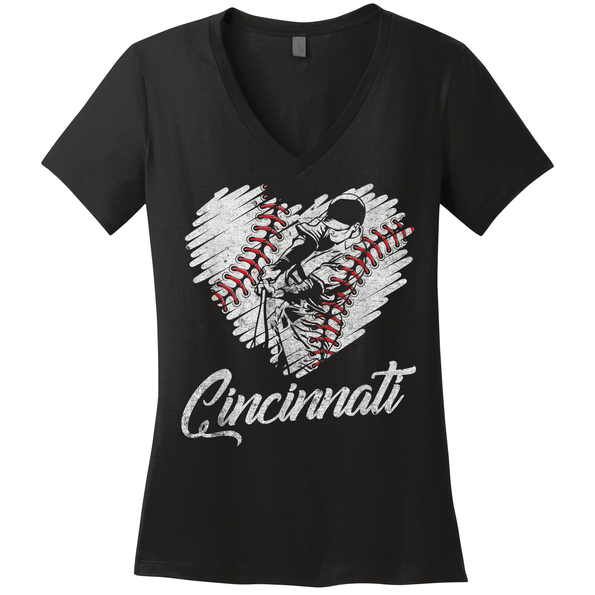 Cincinnati Baseball Heart Distressed Vintage Baseball Fans Women's V-Neck T-Shirt