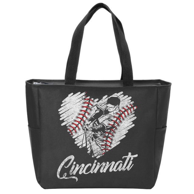 Cincinnati Baseball Heart Distressed Vintage Baseball Fans Zip Tote Bag