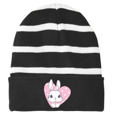 Cute Bunny Heart Pink Girly Love Rabbit Childrens Striped Beanie with Solid Band