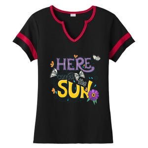 Colorful Beach Here Comes The Sun Summer Vacation Holiday Meaningful Gift Ladies Halftime Notch Neck Tee