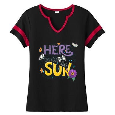 Colorful Beach Here Comes The Sun Summer Vacation Holiday Meaningful Gift Ladies Halftime Notch Neck Tee