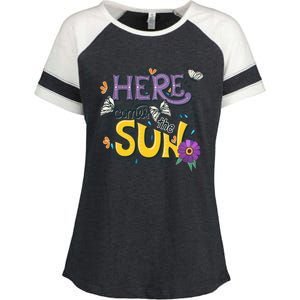 Colorful Beach Here Comes The Sun Summer Vacation Holiday Meaningful Gift Enza Ladies Jersey Colorblock Tee