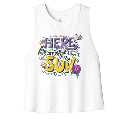 Colorful Beach Here Comes The Sun Summer Vacation Holiday Meaningful Gift Women's Racerback Cropped Tank