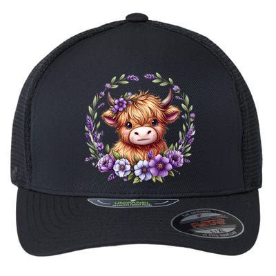 Cute Baby Highland Cow With Purple Flowers Scottish Farm Gift Flexfit Unipanel Trucker Cap