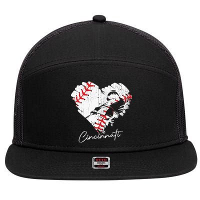 Cincinnati Baseball Heart Distressed Vintage Baseball Fans 7 Panel Mesh Trucker Snapback Hat