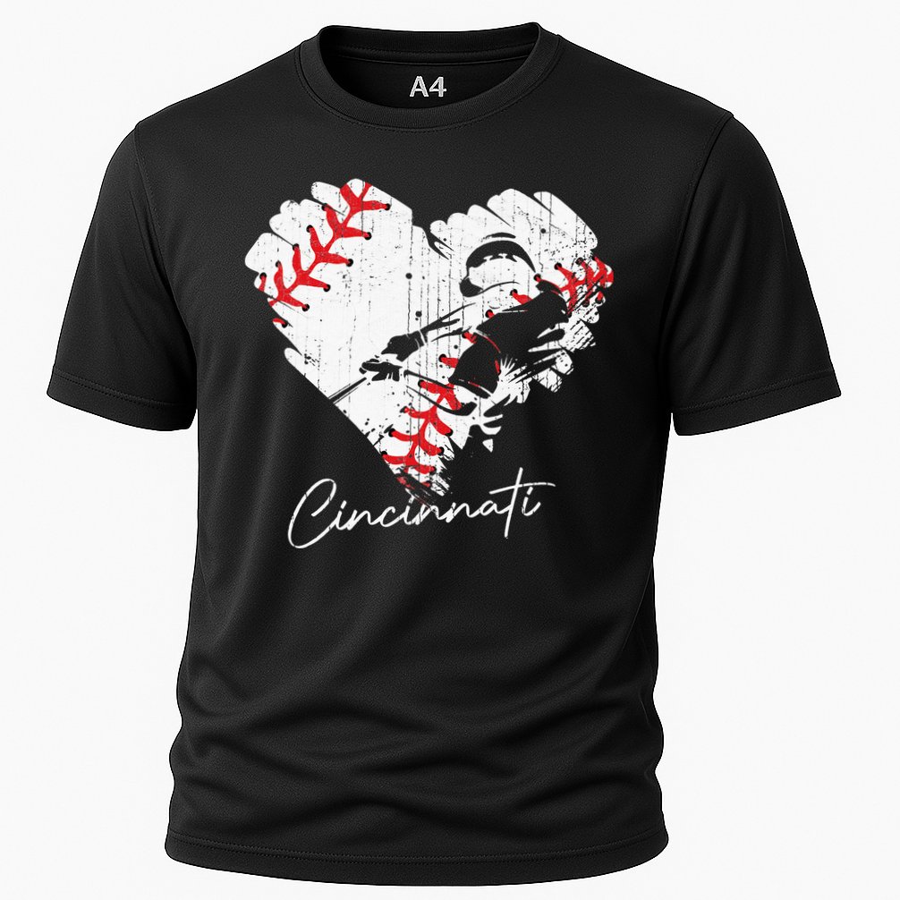 Cincinnati Baseball Heart Distressed Vintage Baseball Fans Cooling Performance Crew T-Shirt