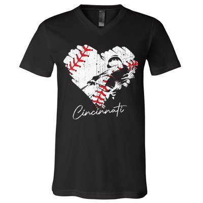 Cincinnati Baseball Heart Distressed Vintage Baseball Fans V-Neck T-Shirt