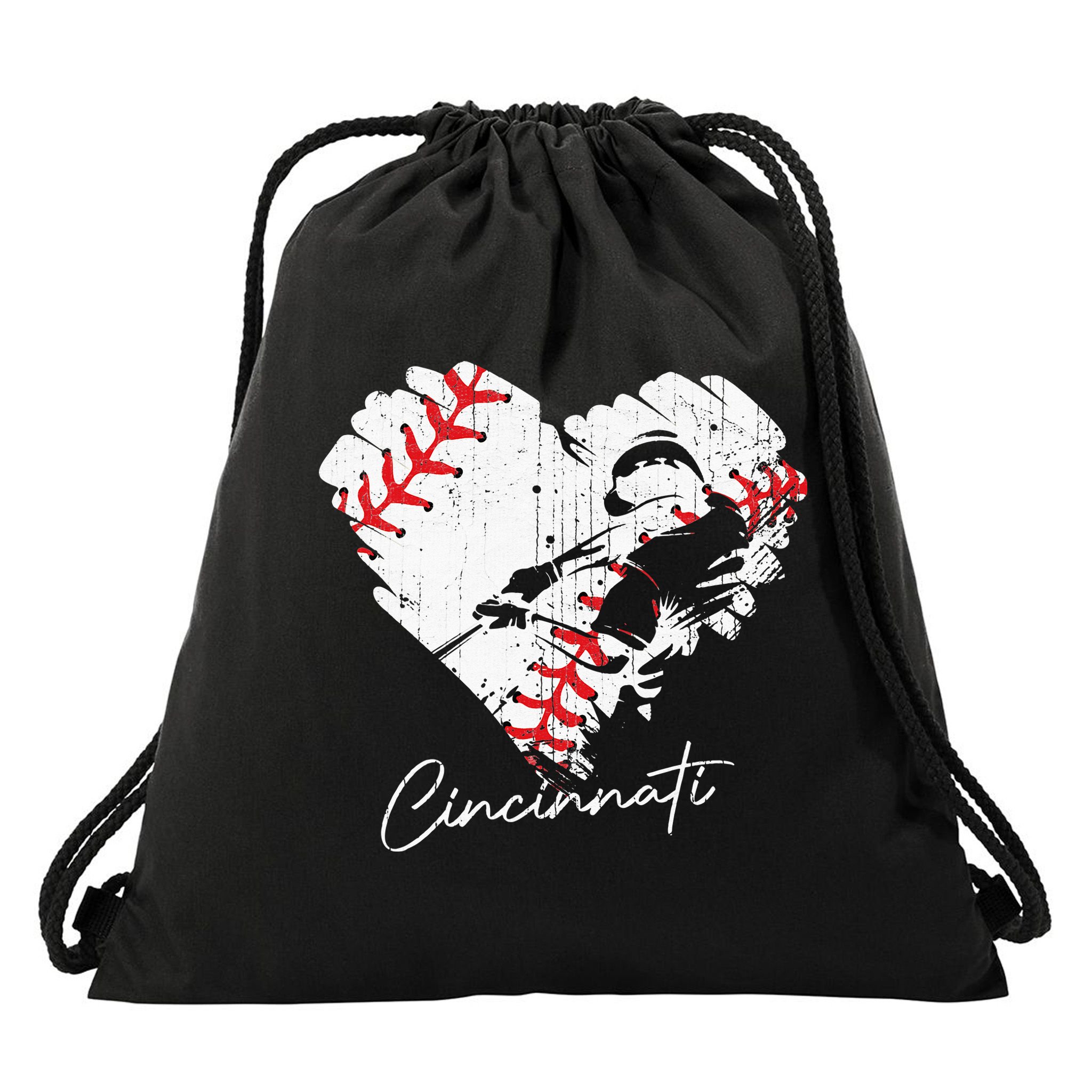 Cincinnati Baseball Heart Distressed Vintage Baseball Fans Drawstring Bag