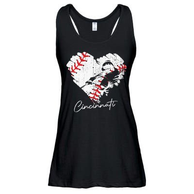 Cincinnati Baseball Heart Distressed Vintage Baseball Fans Ladies Essential Flowy Tank
