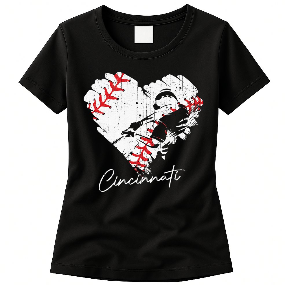 Cincinnati Baseball Heart Distressed Vintage Baseball Fans Womens T-Shirt