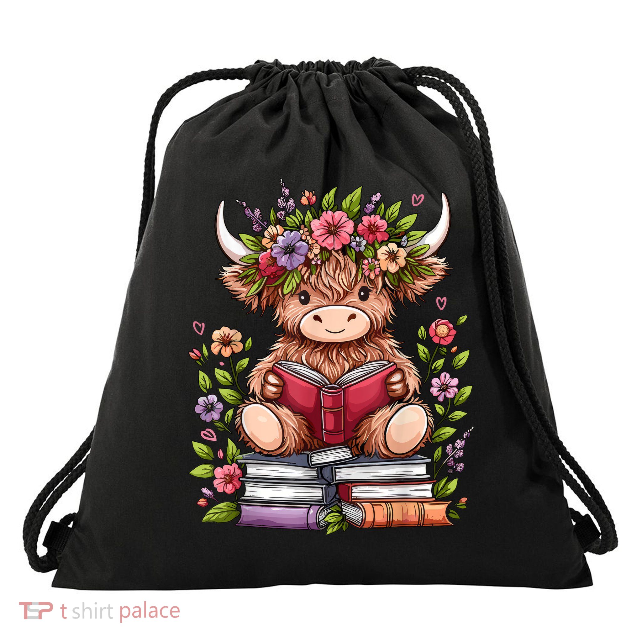 Cute Baby Highland Cow With Reading Book Bookworm  Drawstring Bag