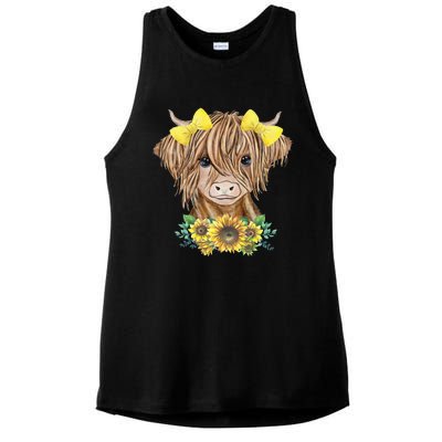 Cute Baby Highland Cow With Sunflowers Calf Animal Farm Ladies PosiCharge Tri-Blend Wicking Tank