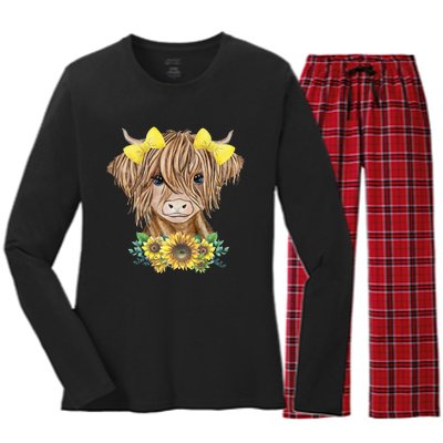 Cute Baby Highland Cow With Sunflowers Calf Animal Farm Women's Long Sleeve Flannel Pajama Set 