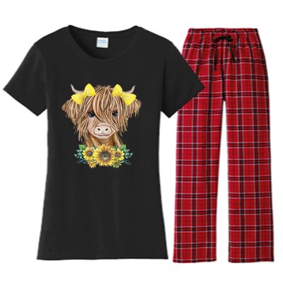 Cute Baby Highland Cow With Sunflowers Calf Animal Farm Women's Flannel Pajama Set