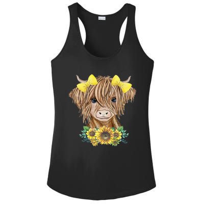 Cute Baby Highland Cow With Sunflowers Calf Animal Farm Ladies PosiCharge Competitor Racerback Tank