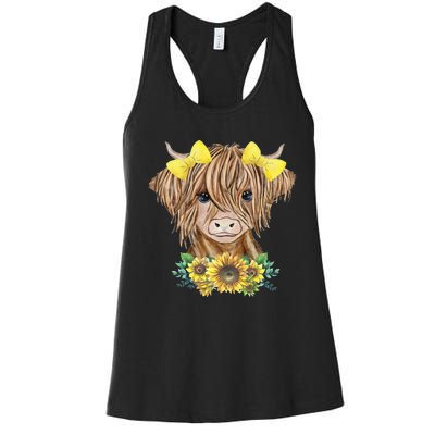 Cute Baby Highland Cow With Sunflowers Calf Animal Farm Women's Racerback Tank