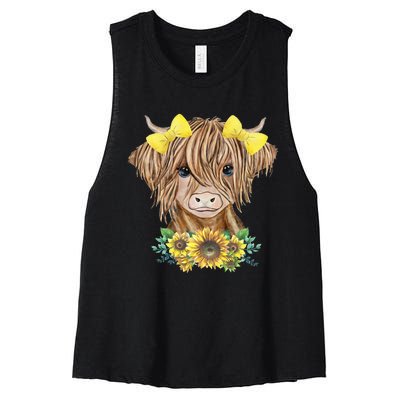 Cute Baby Highland Cow With Sunflowers Calf Animal Farm Women's Racerback Cropped Tank