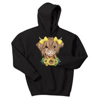 Cute Baby Highland Cow With Sunflowers Calf Animal Farm Kids Hoodie