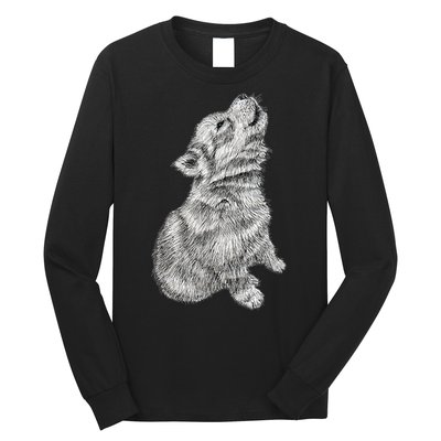 Cute Baby Howling Wolf Cub Sketch TShirt Long Sleeve Shirt