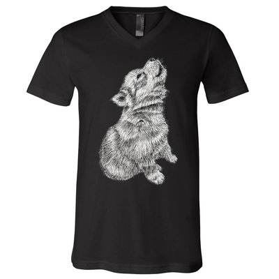 Cute Baby Howling Wolf Cub Sketch TShirt V-Neck T-Shirt