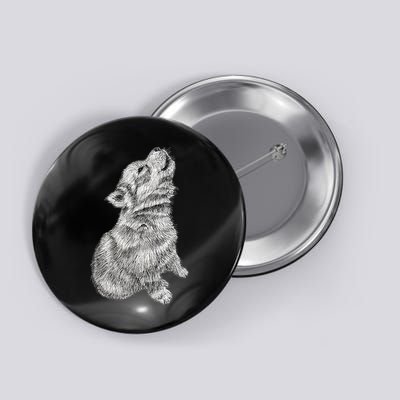 Cute Baby Howling Wolf Cub Sketch TShirt Button