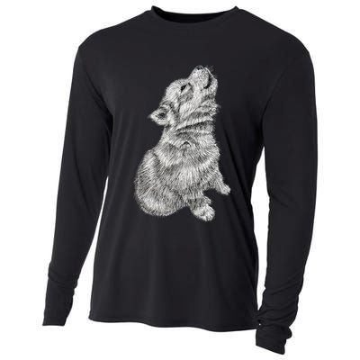 Cute Baby Howling Wolf Cub Sketch TShirt Cooling Performance Long Sleeve Crew