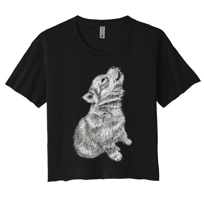 Cute Baby Howling Wolf Cub Sketch TShirt Women's Crop Top Tee