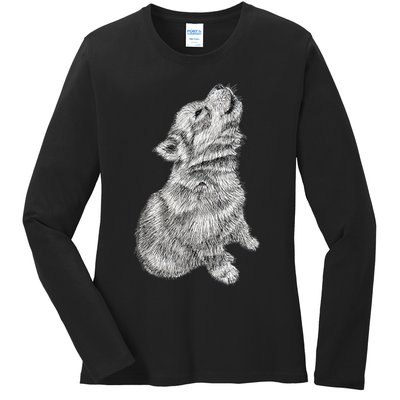 Cute Baby Howling Wolf Cub Sketch TShirt Ladies Long Sleeve Shirt