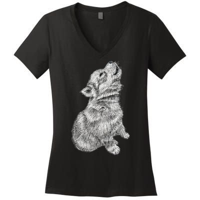 Cute Baby Howling Wolf Cub Sketch TShirt Women's V-Neck T-Shirt