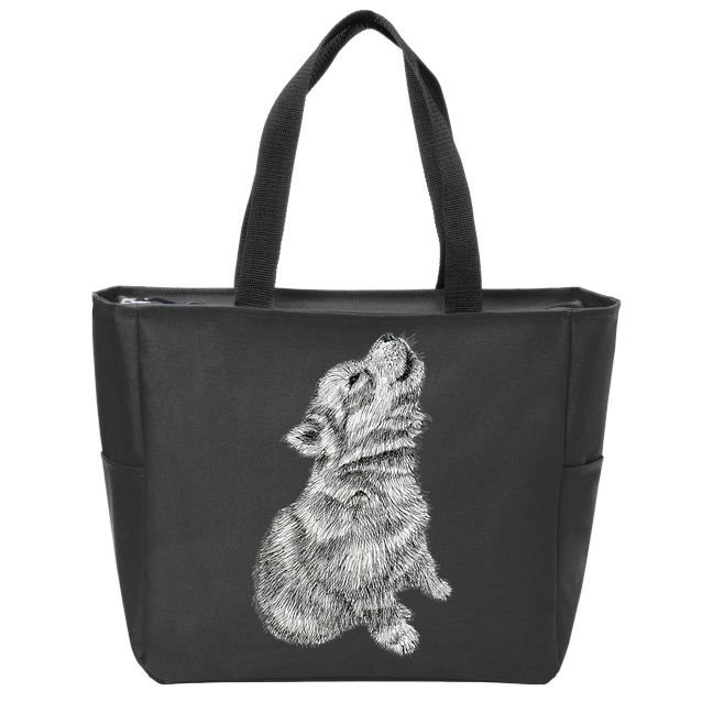 Cute Baby Howling Wolf Cub Sketch TShirt Zip Tote Bag
