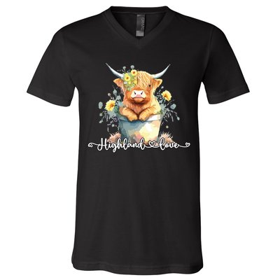 Cute Baby Highland Cow Calf Highland Love Spring Pastel V-Neck T-Shirt