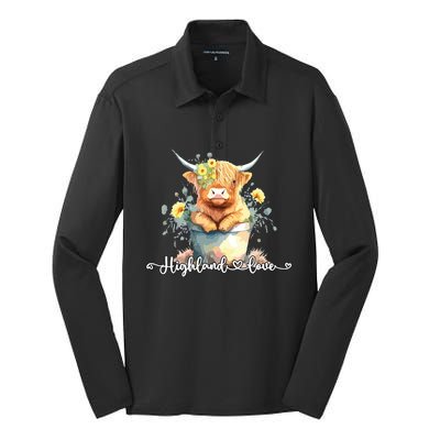 Cute Baby Highland Cow Calf Highland Love Spring Pastel Silk Touch Performance Long Sleeve Polo