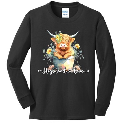 Cute Baby Highland Cow Calf Highland Love Spring Pastel Kids Long Sleeve Shirt